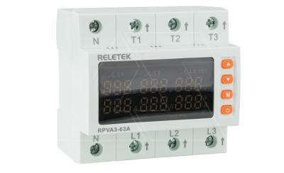 Реле контроля напряжения и тока RPVA3-63A, 3P+N, 3NO, 63A, 220VAC, черед., асимметр., Umin(80…210V)/