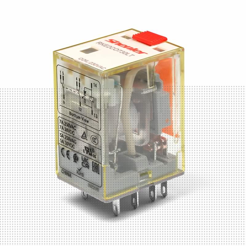 Реле RKE2CO730LT, 2CO, 7A(250VAC/30VDC), 230VAC, мех. индикация, тест-кнопка с блокировкой, LED