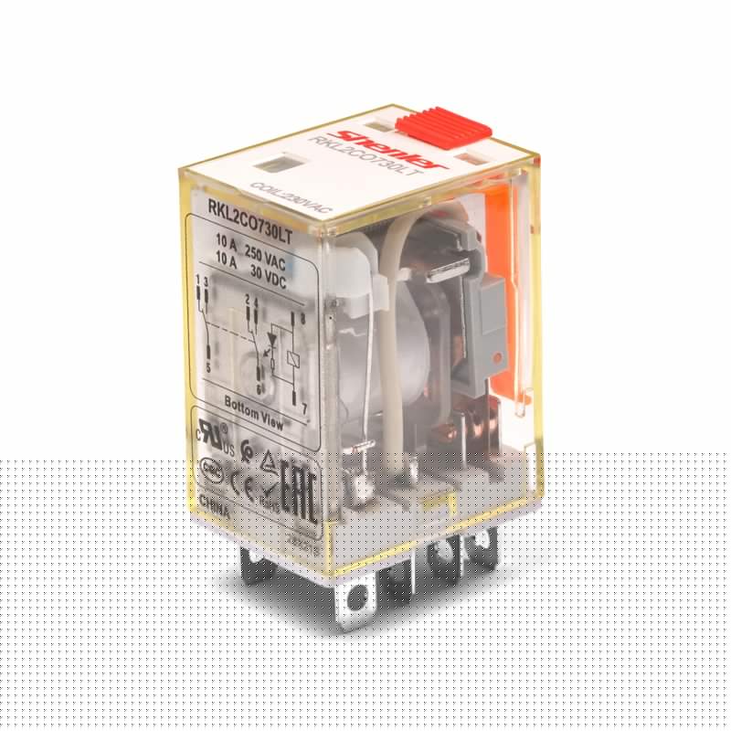 Реле RKL2CO730LT, 2CO, 10А(250VAC/30VDC), 230VAC, мех. индикация, тест-кнопка с блокировкой, LED